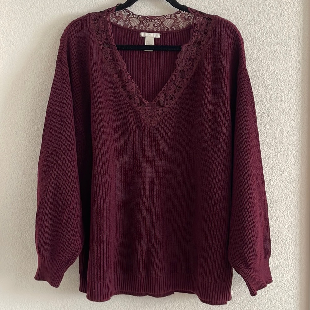V neck lace trim long sleeve sweater